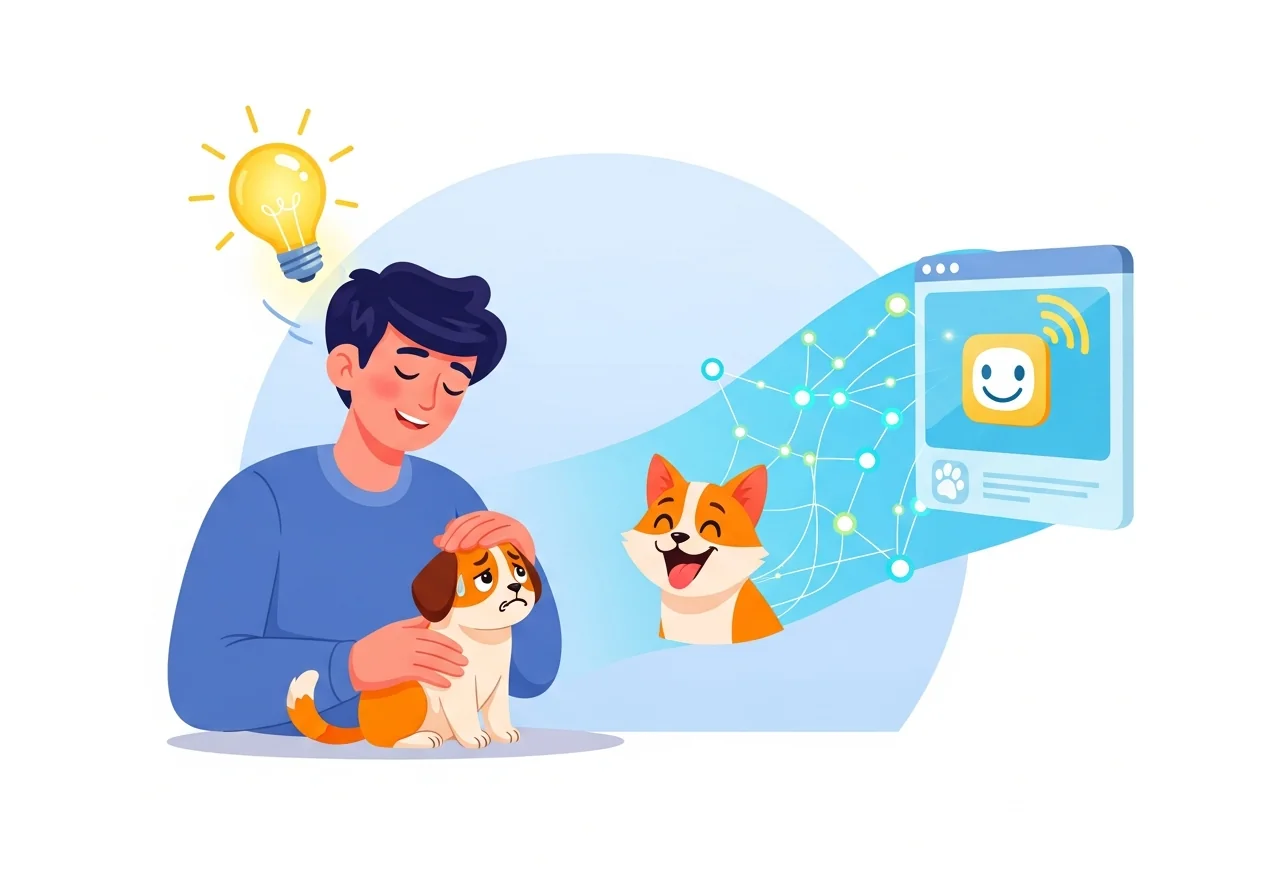 Tutor feliz consultando o Dr. Patinhas no celular com seu pet